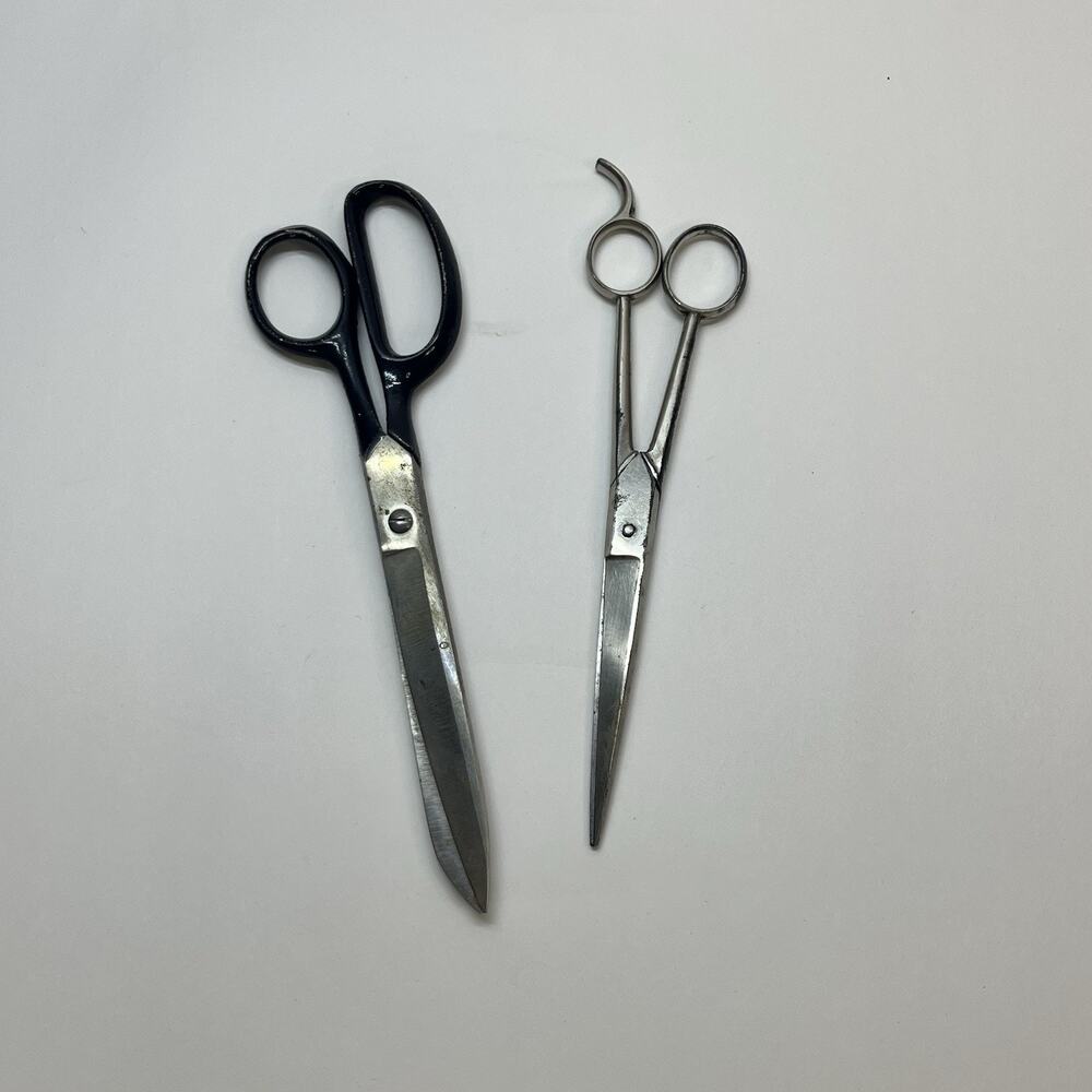 Vintage Boker Hair Shears and Industrial Tailor Scissors Bundle 2pc Silver Black